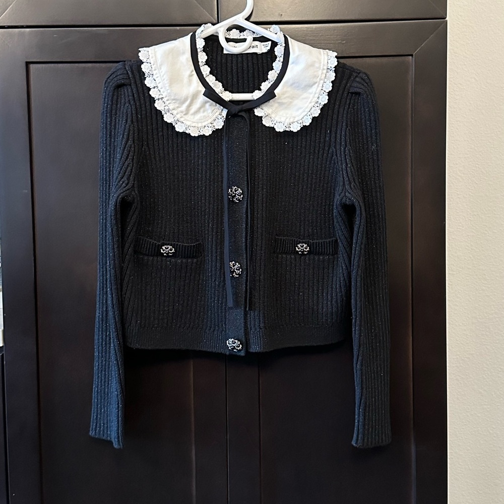 Self-Portrait Lace-Collar Lurex Ribbed Cardigan